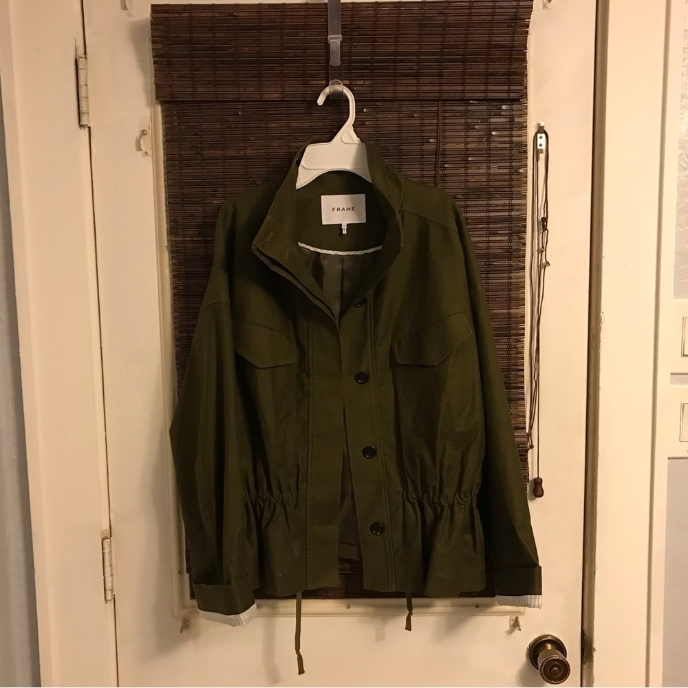 Frame Woman Cotton-Blend Canvas Peplum Jacket Army Green - Size L